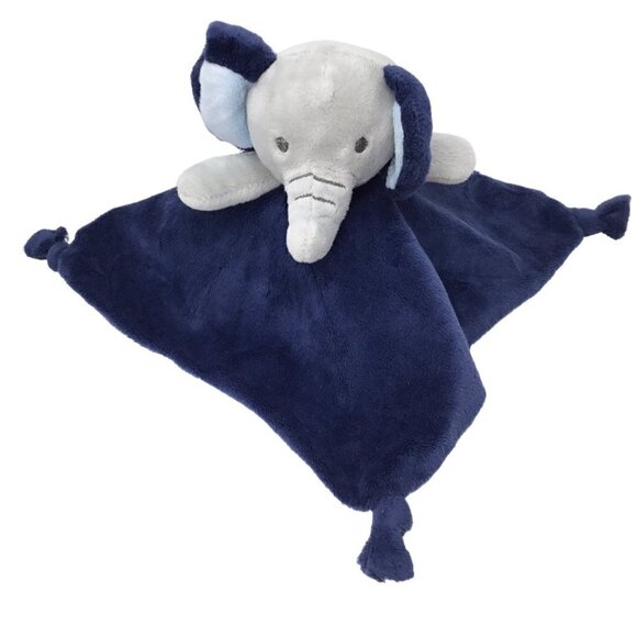 Elephant Navy Blue Cuddle Time Lovey Security Blanket Knotted Gray Satin Plush - Picture 1 of 7